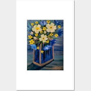 A beautiful bouquet flowers in a glass and gold vase . Using my favorite colors as vibrant background Using Acrylic and metallic paints. Posters and Art